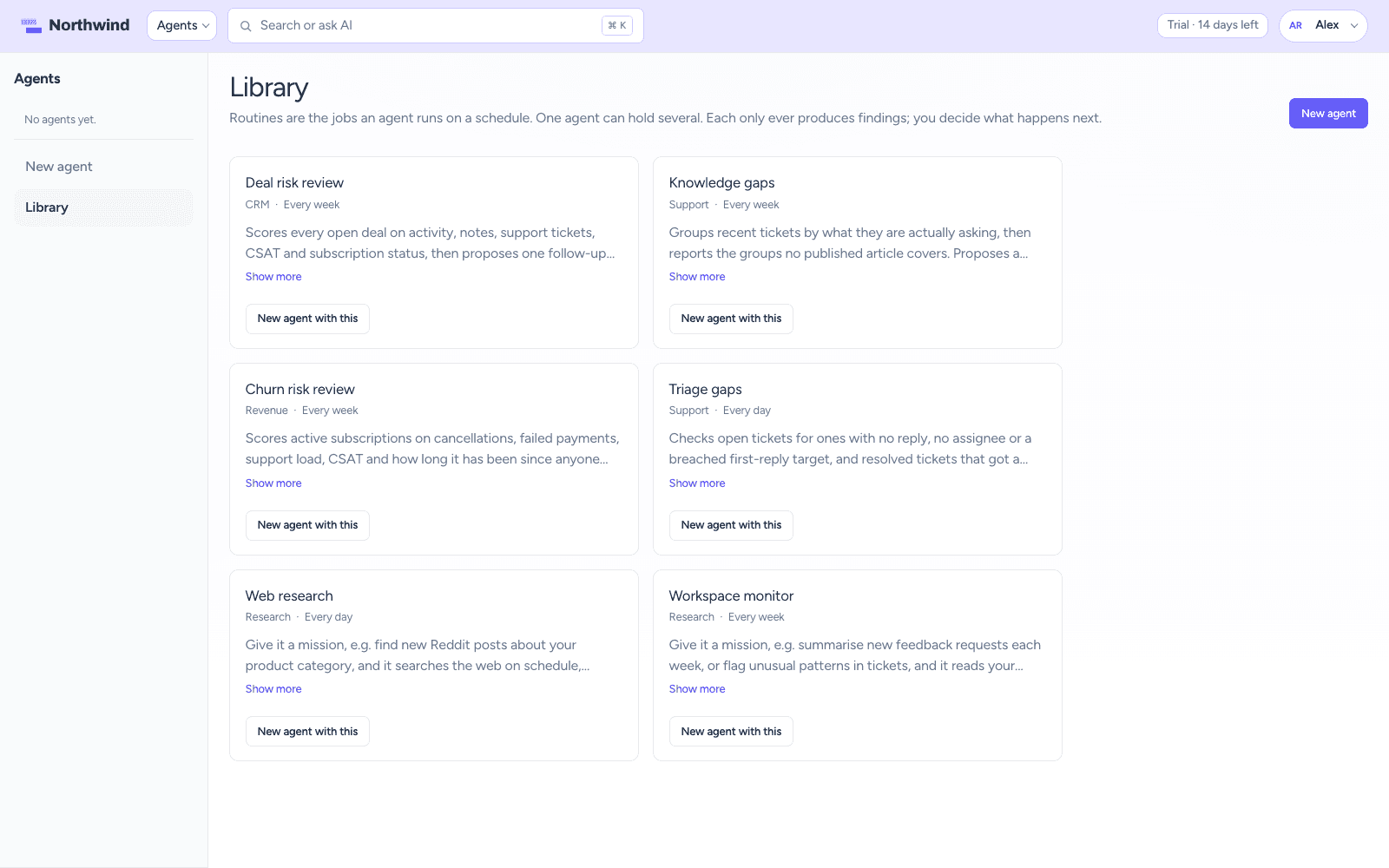 Agent library with Triage gaps, Knowledge gaps, Deal risk review, and Churn risk review