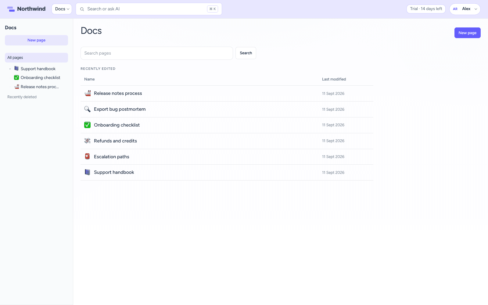 Docs home with search and recently edited pages