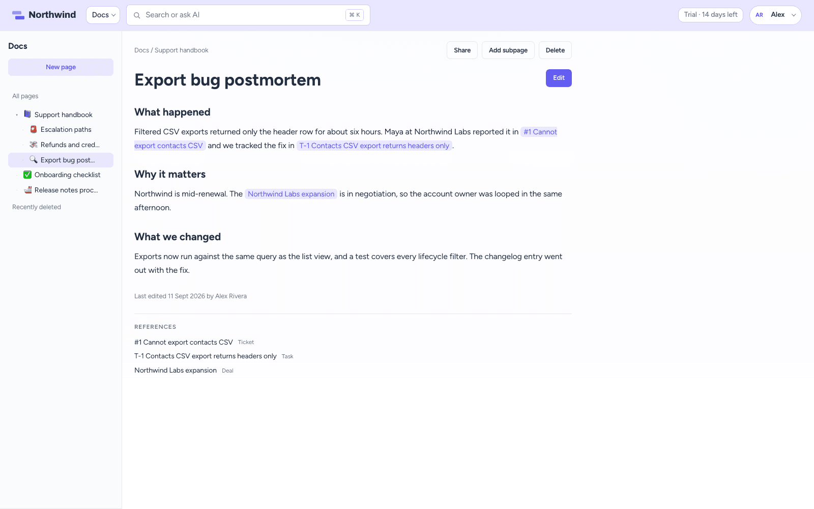 A doc page with live mentions of a ticket, task, and deal and a References list