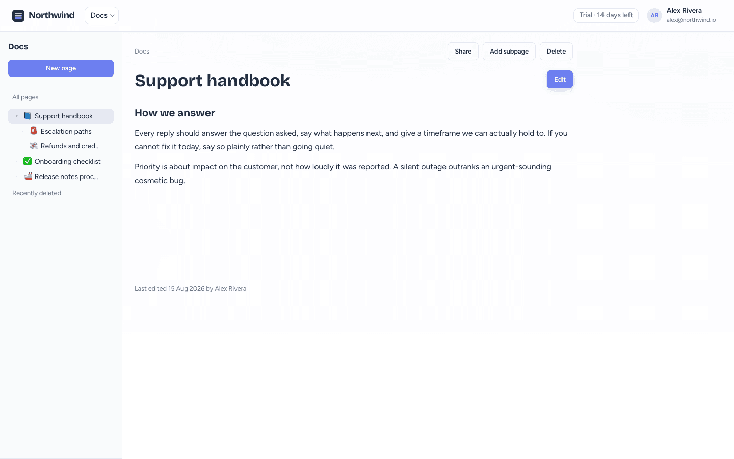 CrowdStack Docs page with nested sidebar and rich text editor