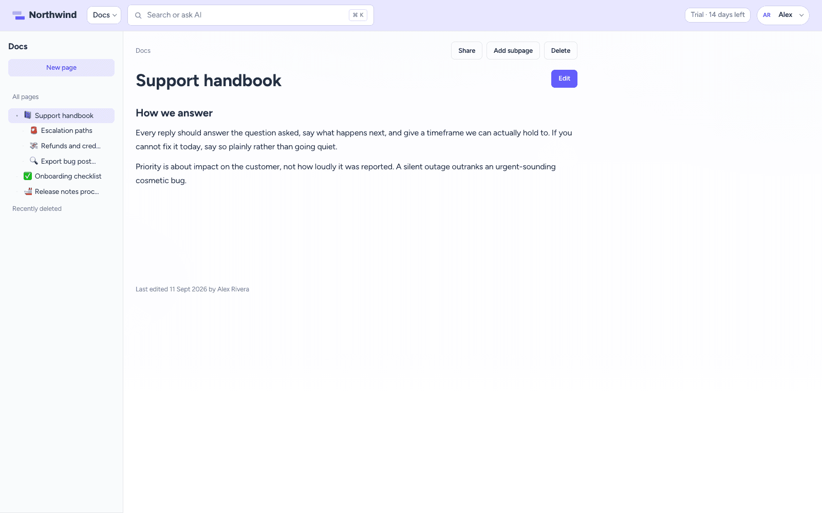 CrowdStack Docs page with nested sidebar and rich text editor