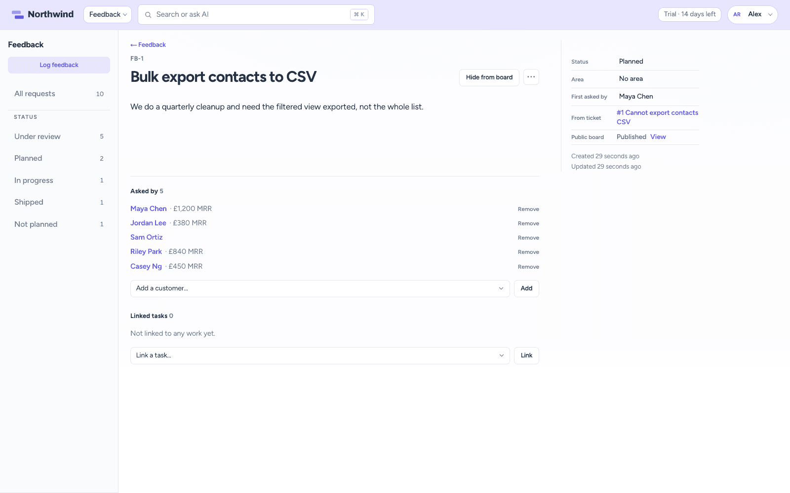 A feature request with status, the customers who asked, and their MRR