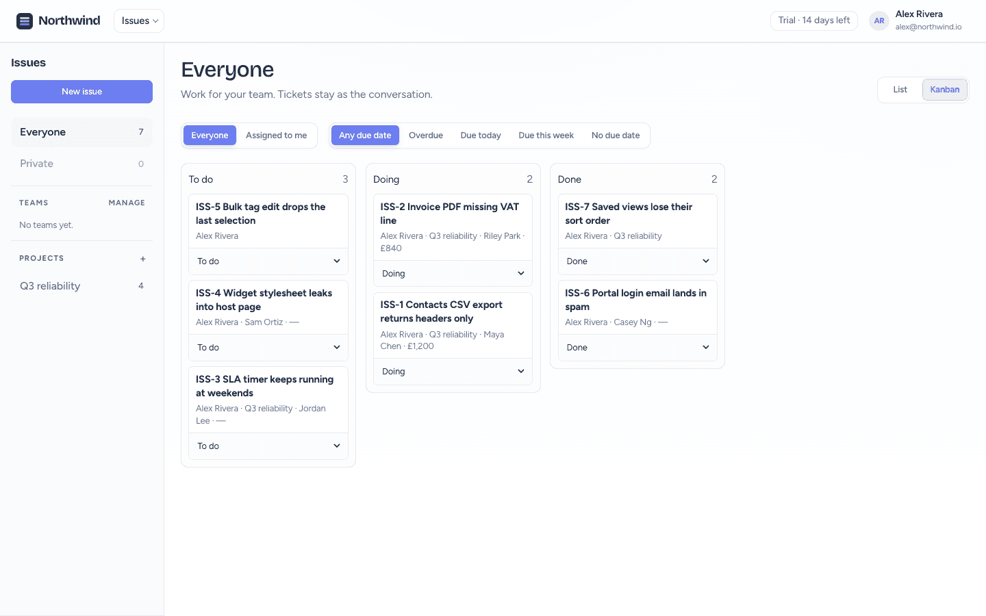 CrowdStack Issues kanban board with To do, Doing, and Done columns