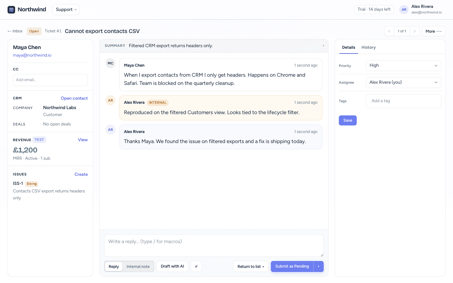 CrowdStack Support ticket with contact rail and reply composer