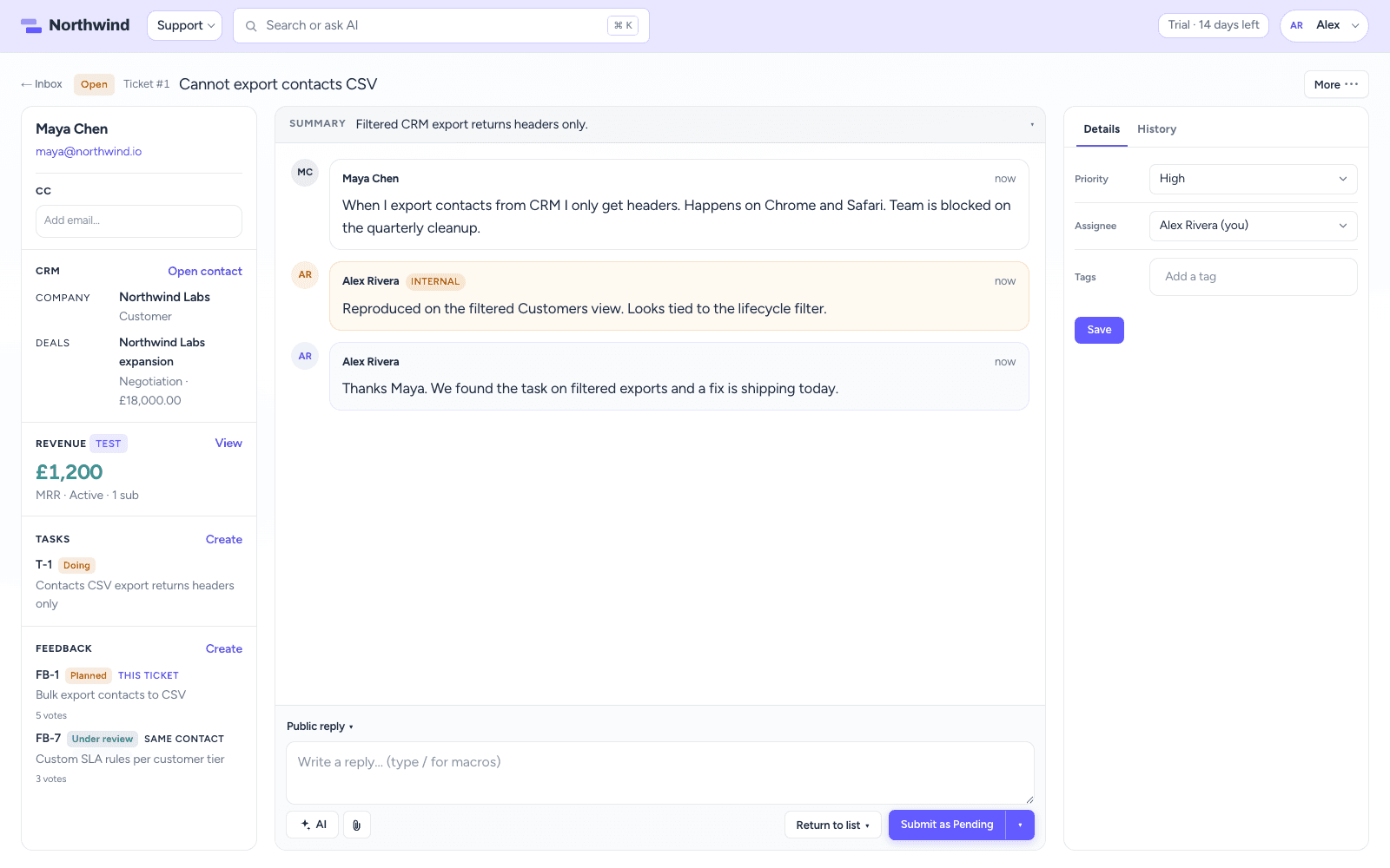 CrowdStack Support ticket with contact rail and reply composer