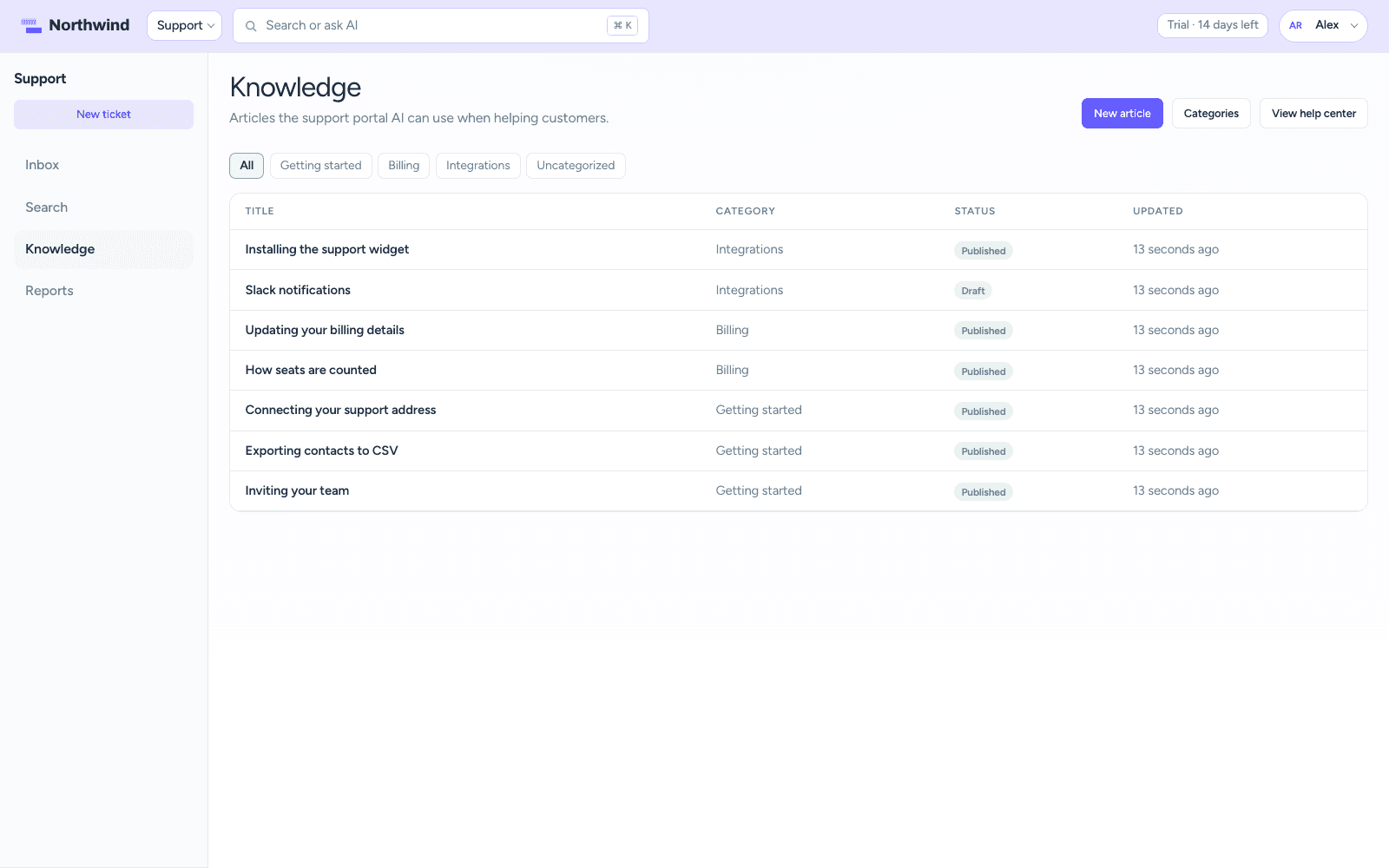 Knowledge base article list with categories and draft or published status