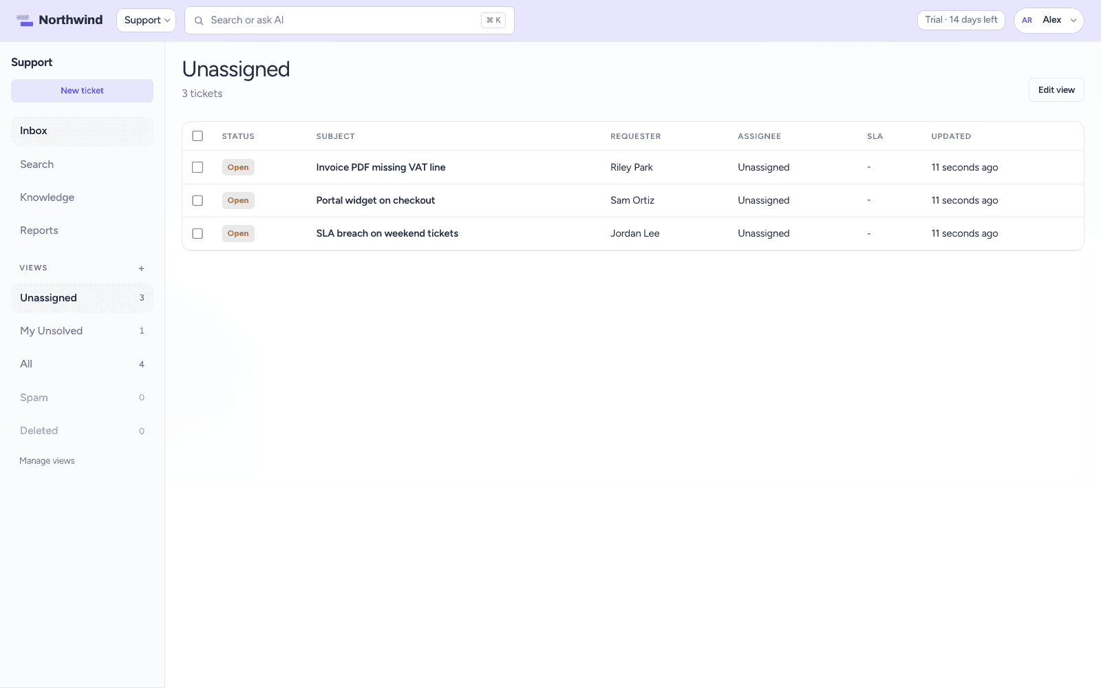 The Support inbox with an Unassigned view, ticket statuses, requesters, and SLA column