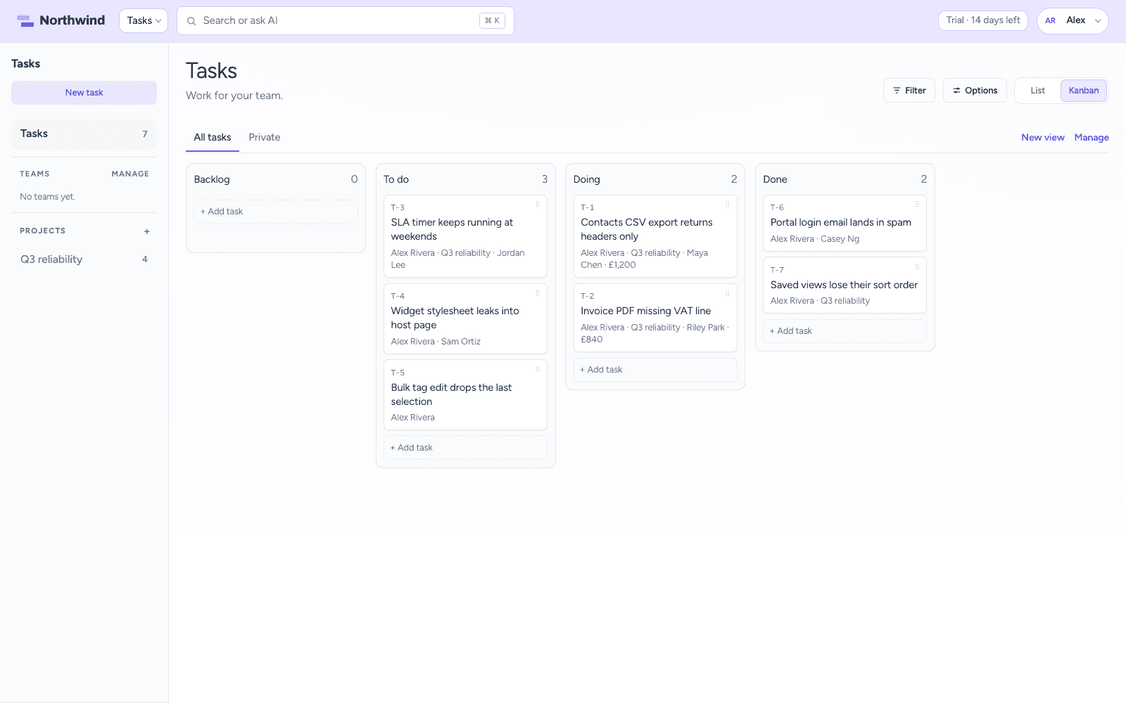 CrowdStack Tasks kanban board with To do, Doing, and Done columns